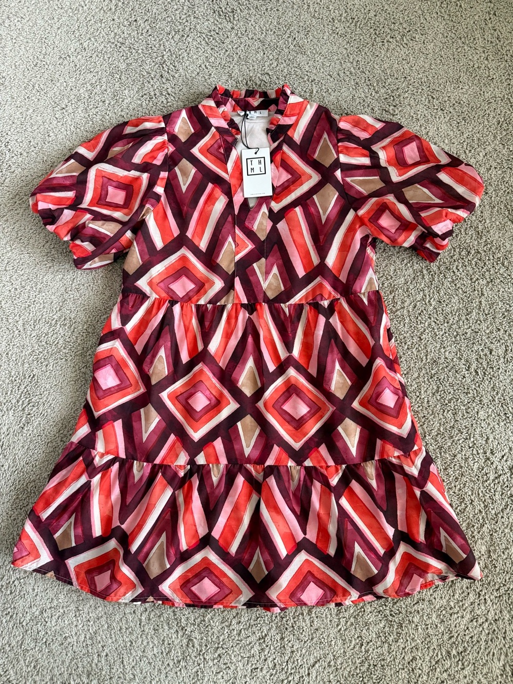 THML Women's Geometric Print Red Pink Tiered Dress